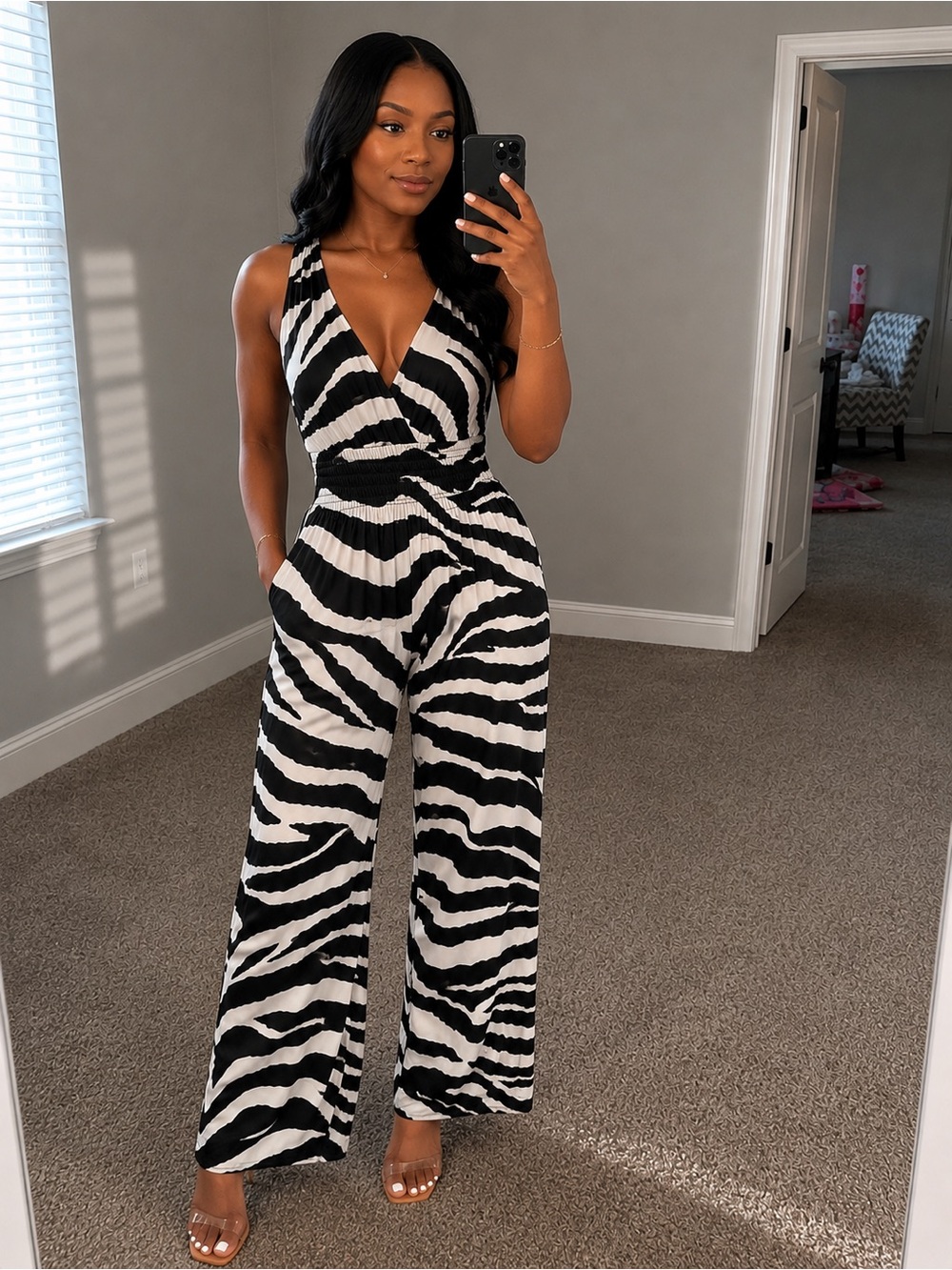 Justify Black and White Zebra-Print Wide-Leg Jumpsuit